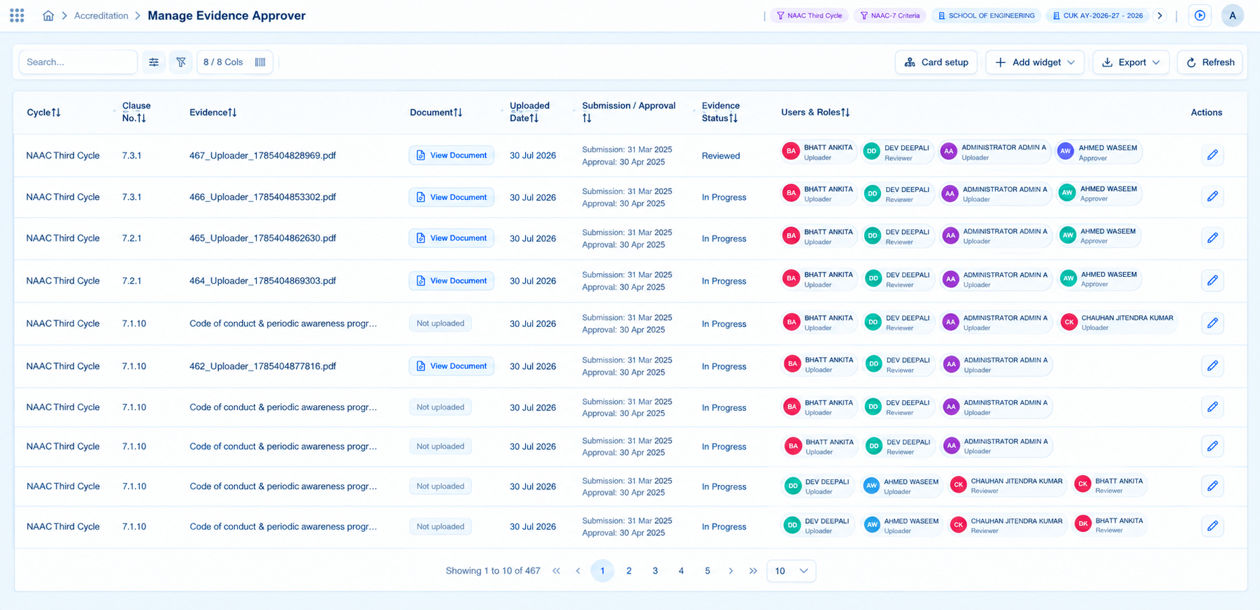 Accredia360 Manage Evidence Approver workflow screen