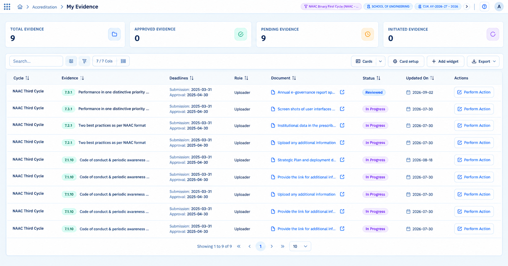 Accredia360 My Evidence workspace for managing assigned evidence